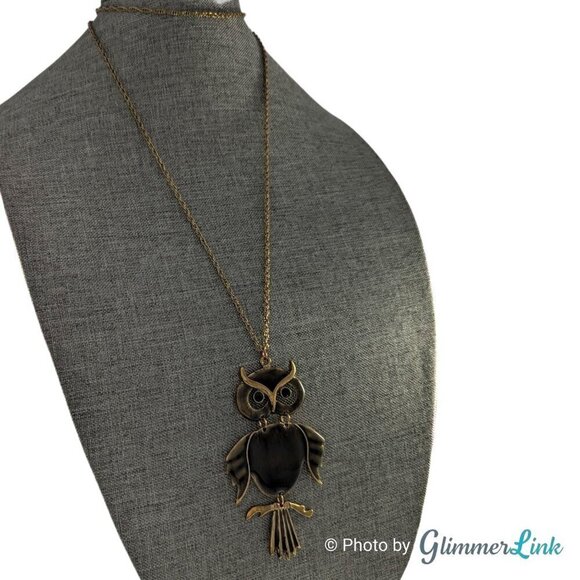 Articulated Enameled Owl Long Antiqued Gold Tone Chain Necklace - Picture 2 of 14